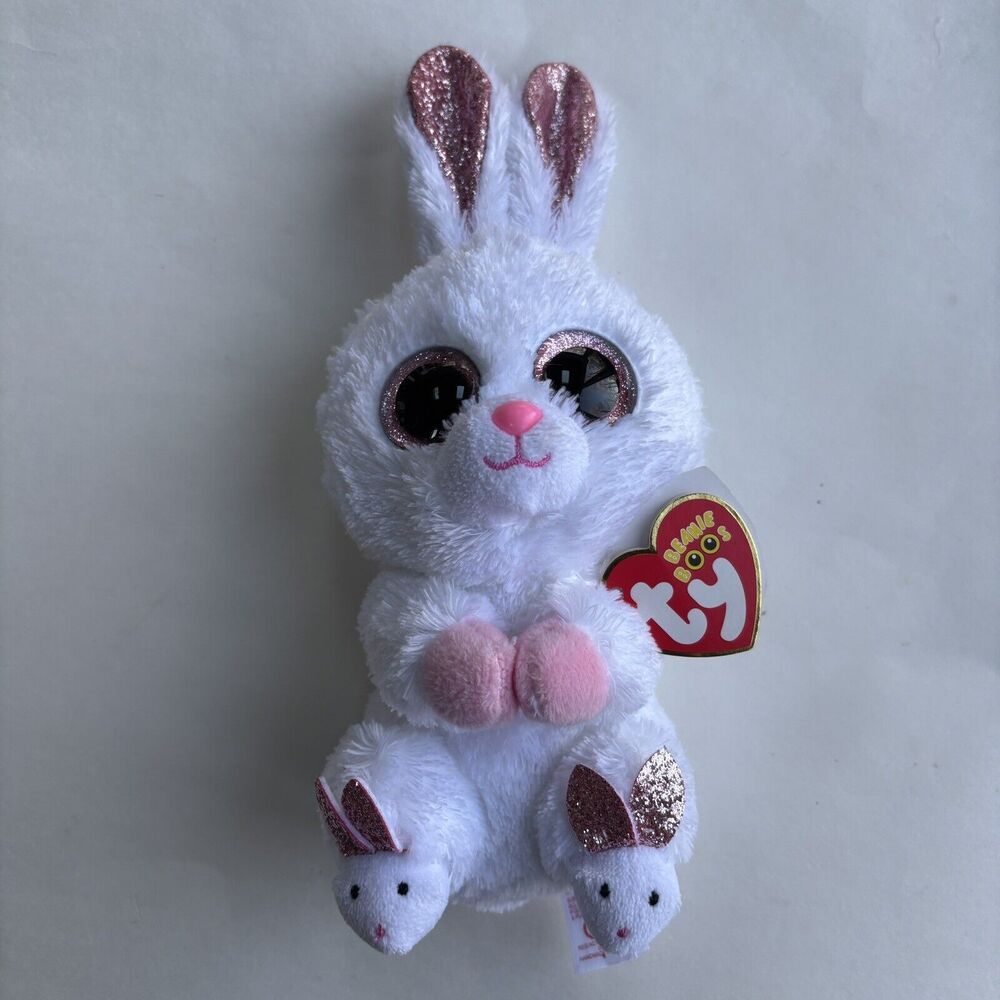 Ty Beanie Boos SLIPPERS the BUNNY 6" Plush White Pink Glitter Rabbit Toy Easter